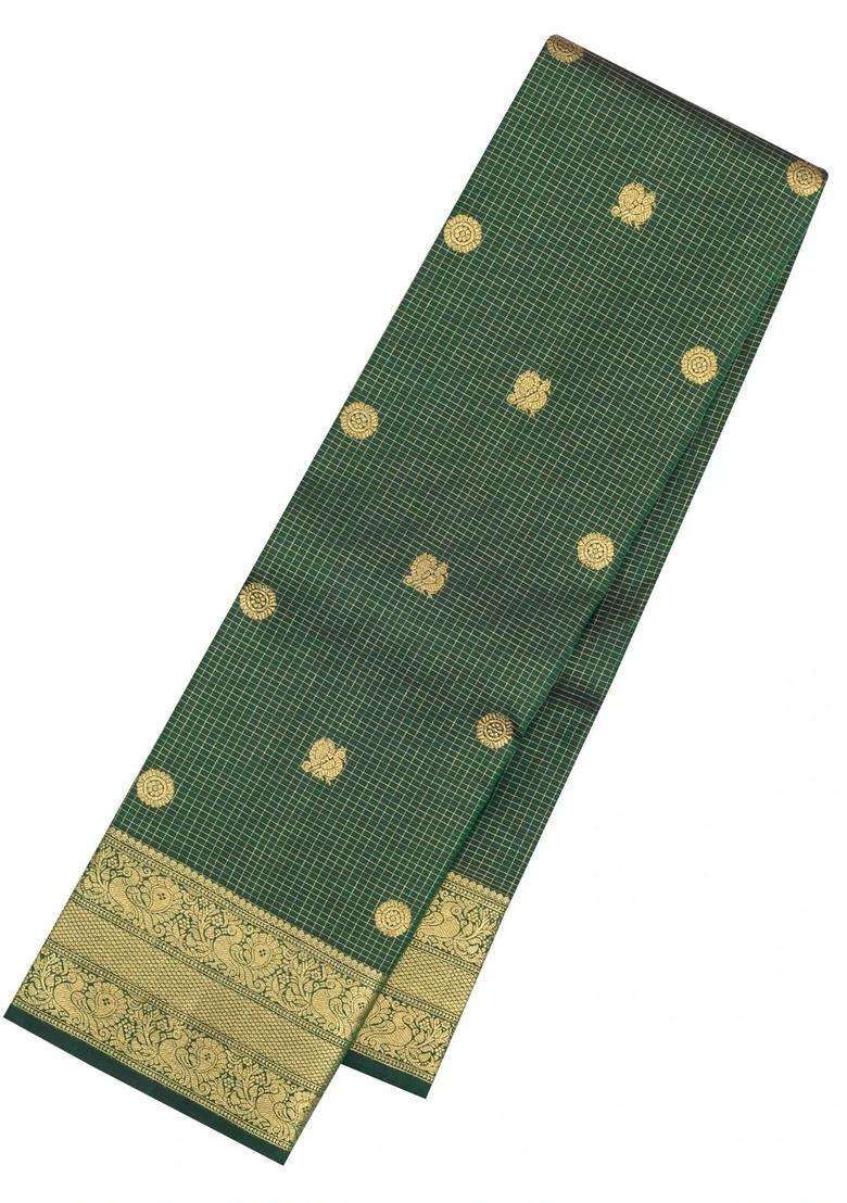 Dark Green Handloom Kanchipuram Silk Saree With Zari Checks Buttas With Buttas And Brocade Design For Women - Indya