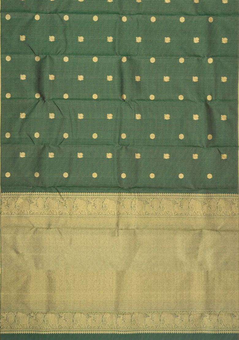 Dark Green Handloom Kanchipuram Silk Saree With Zari Checks Buttas With Buttas And Brocade Design For Women - Indya