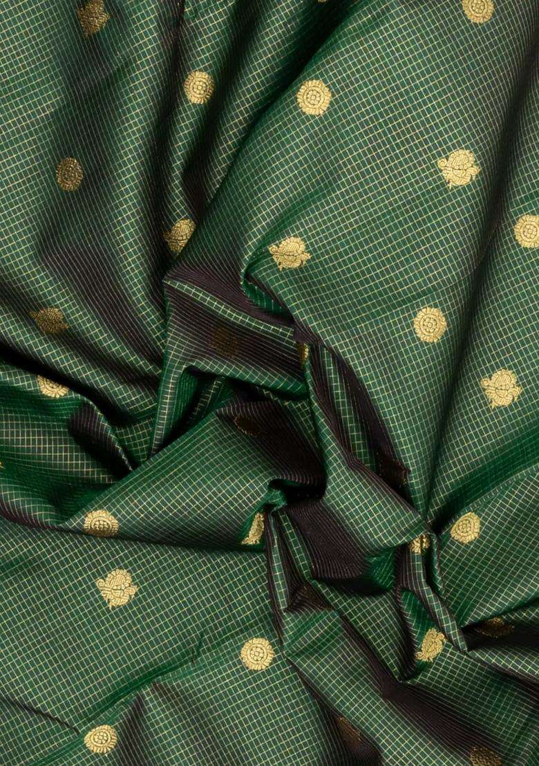 Dark Green Handloom Kanchipuram Silk Saree With Zari Checks Buttas With Buttas And Brocade Design For Women - Indya