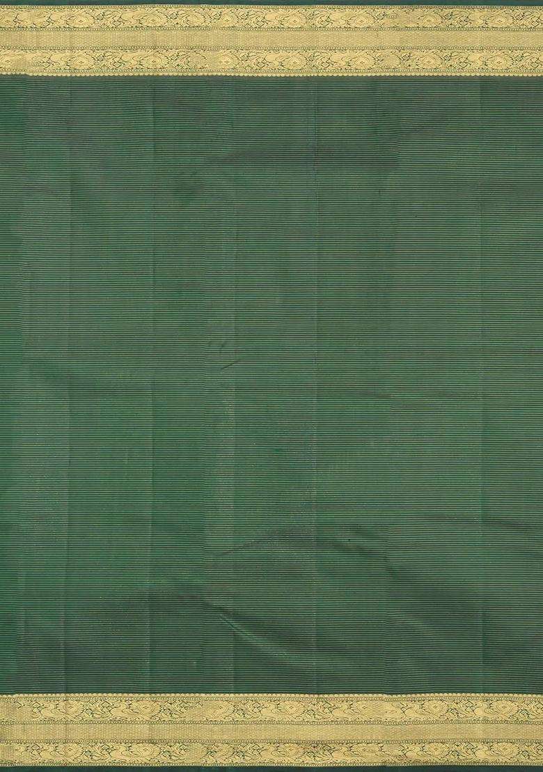 Dark Green Handloom Kanchipuram Silk Saree With Zari Checks Buttas With Buttas And Brocade Design For Women - Indya