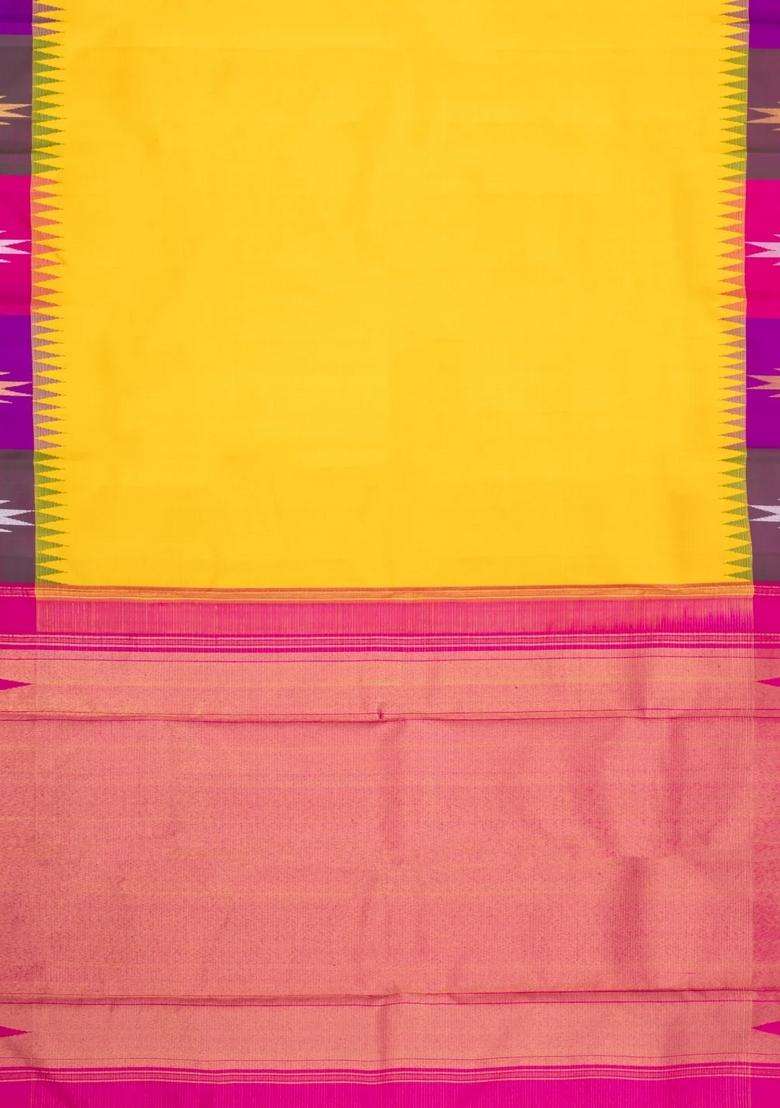 Yellow Handloom Korvai Kanchipuram Silk Saree With Contrast Border With Korvai And Temple Border Design For Women - Indya