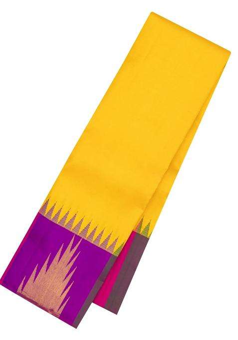 Yellow Handloom Korvai Kanchipuram Silk Saree With Contrast Border With Korvai And Temple Border Design For Women