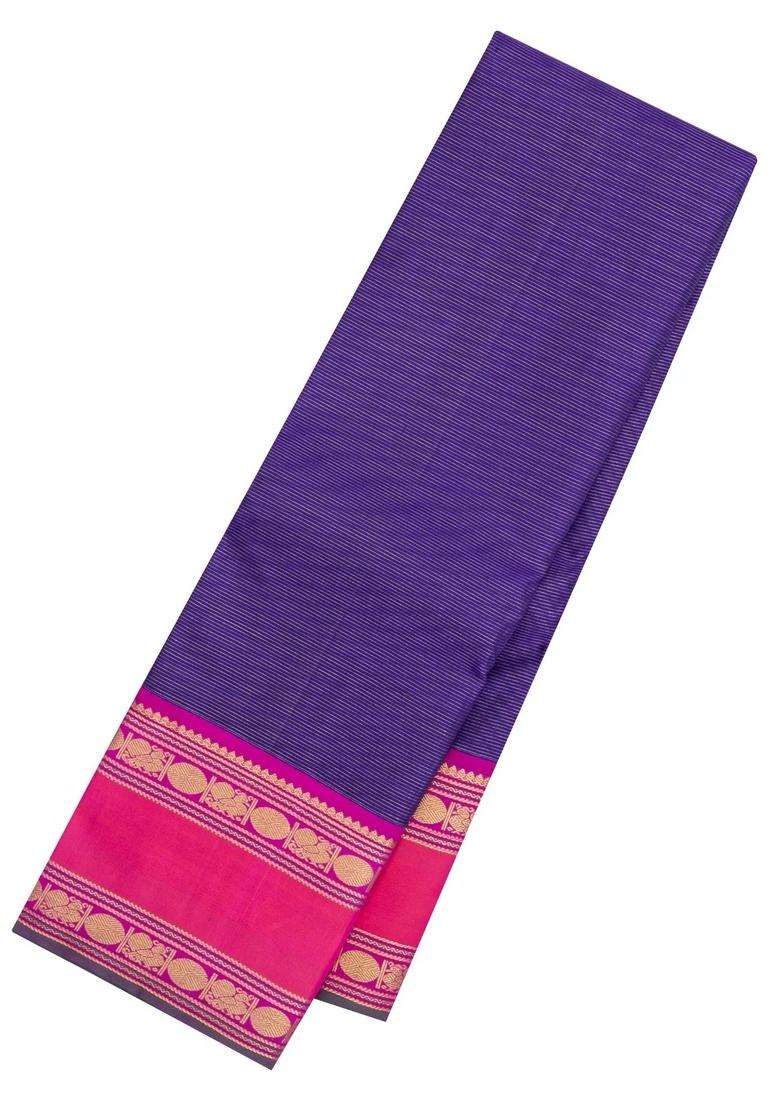 Violet Handloom Korvai Kanchipuram Silk Saree With Vairaoosi Stripes With Korvai And Temple Border Design For Women - Indya