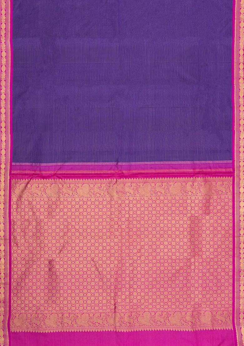 Violet Handloom Korvai Kanchipuram Silk Saree With Vairaoosi Stripes With Korvai And Temple Border Design For Women - Indya