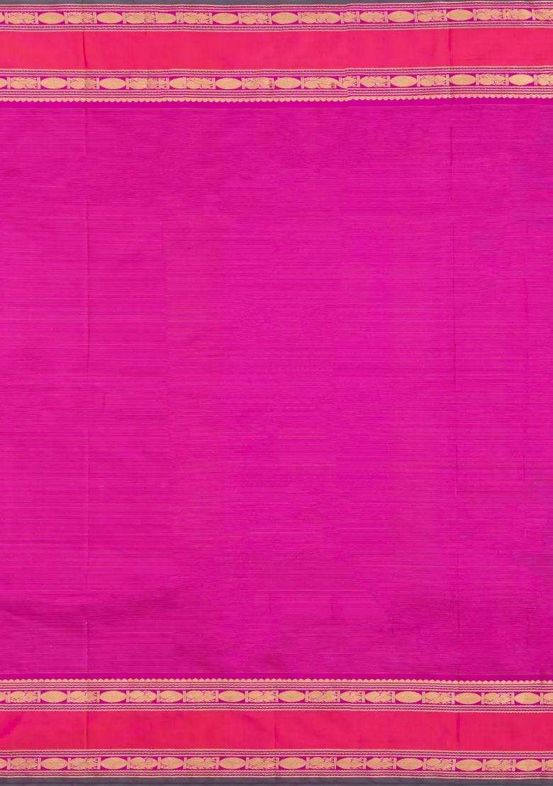 Violet Handloom Korvai Kanchipuram Silk Saree With Vairaoosi Stripes With Korvai And Temple Border Design For Women - Indya