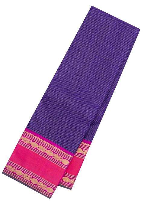 Violet Handloom Korvai Kanchipuram Silk Saree With Vairaoosi Stripes With Korvai And Temple Border Design For Women