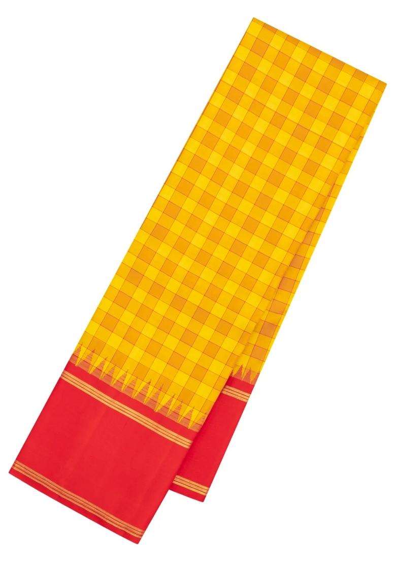 Yellow Handloom Korvai Kanchipuram Silk Saree With Silk Checks With Korvai And Temple Border Design For Women - Indya