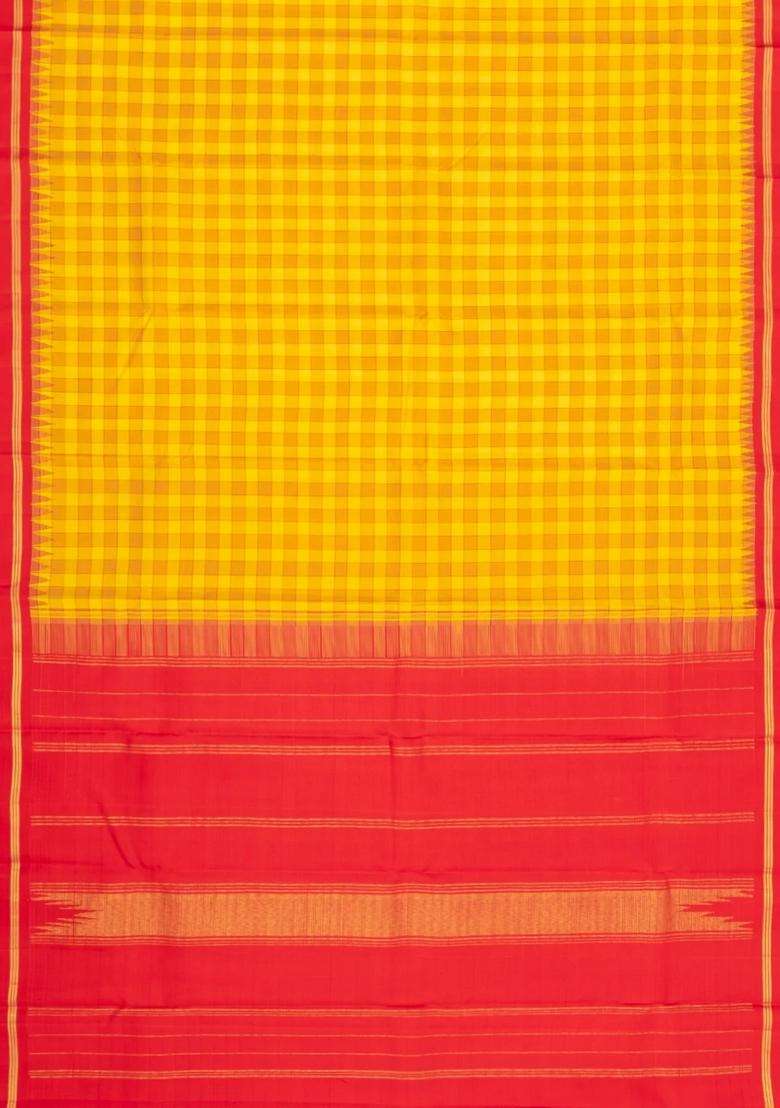 Yellow Handloom Korvai Kanchipuram Silk Saree With Silk Checks With Korvai And Temple Border Design For Women - Indya