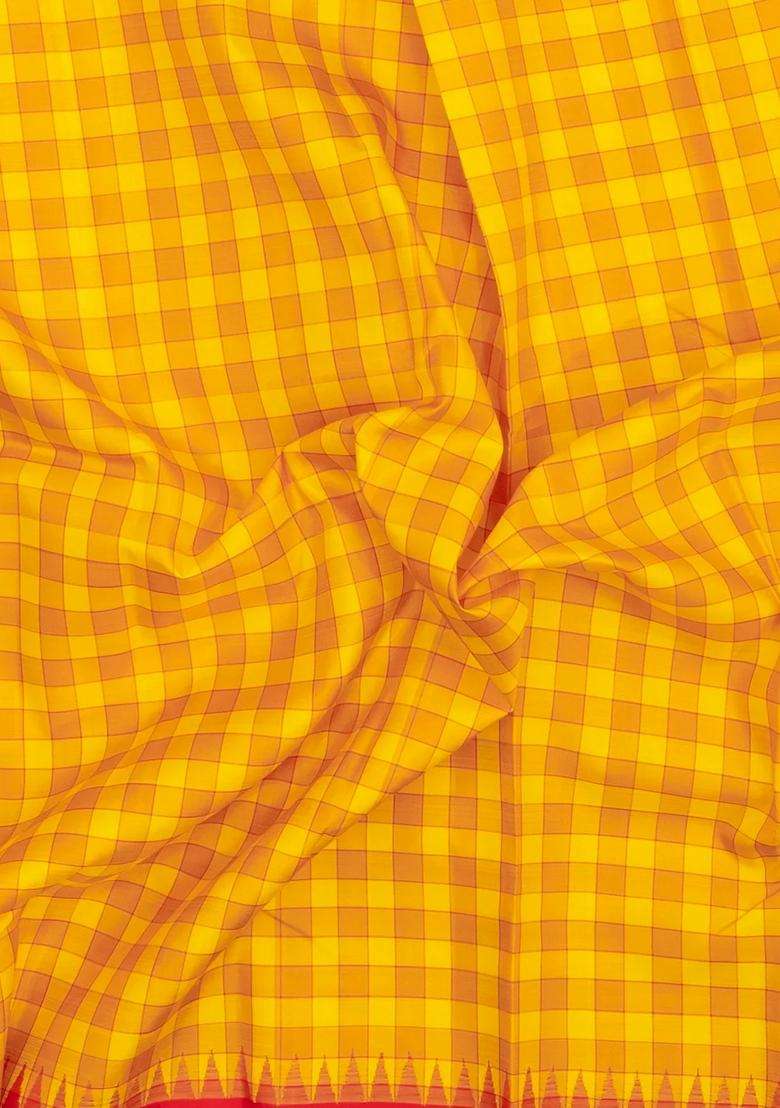 Yellow Handloom Korvai Kanchipuram Silk Saree With Silk Checks With Korvai And Temple Border Design For Women - Indya