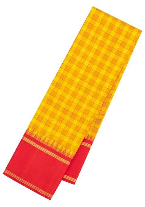 Yellow Handloom Korvai Kanchipuram Silk Saree With Silk Checks With Korvai And Temple Border Design For Women