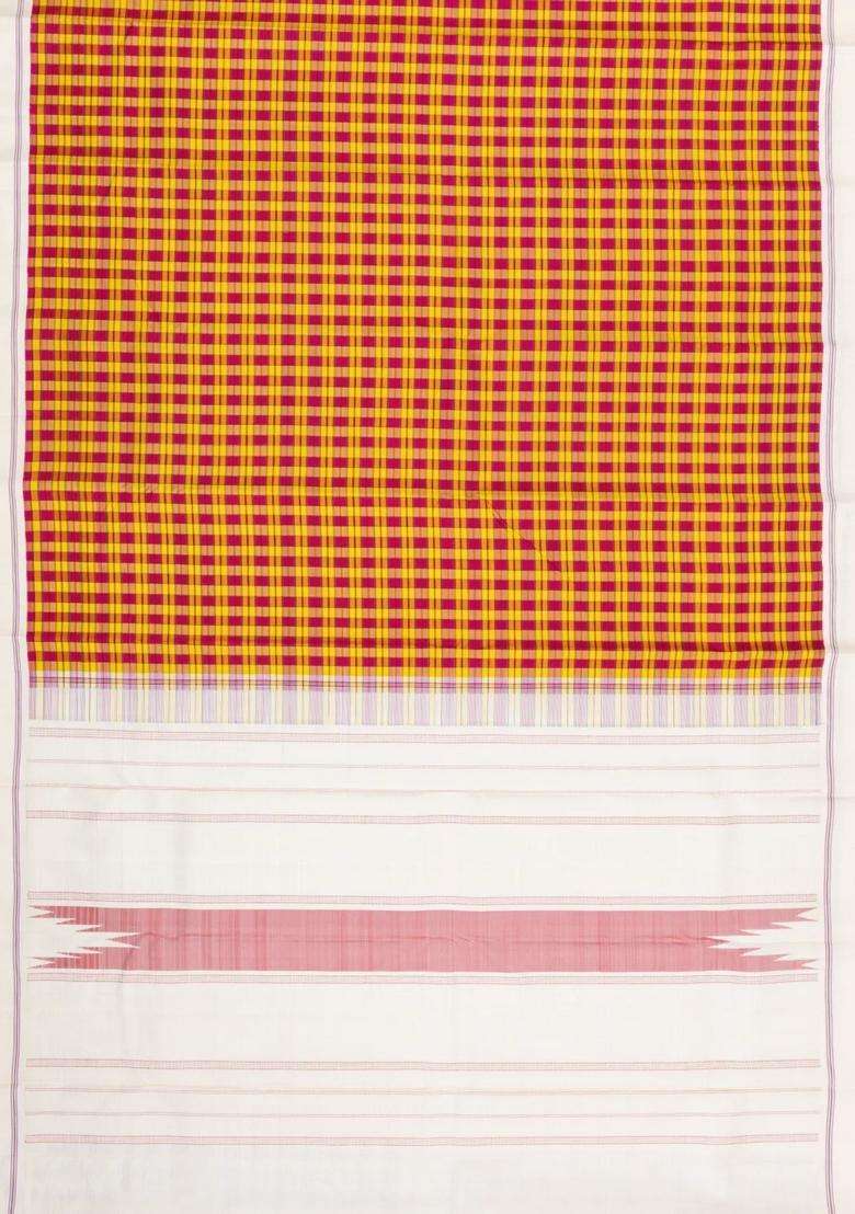Multi Colour Handloom Korvai Kanchipuram Silk Saree With Checks With Korvai And Temple Border Design For Women - Indya