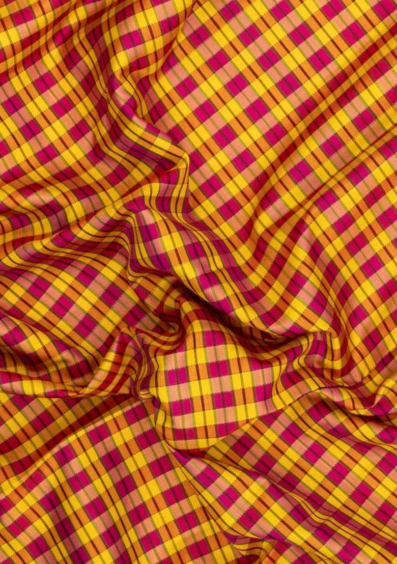 Multi Colour Handloom Korvai Kanchipuram Silk Saree With Checks With Korvai And Temple Border Design For Women - Indya
