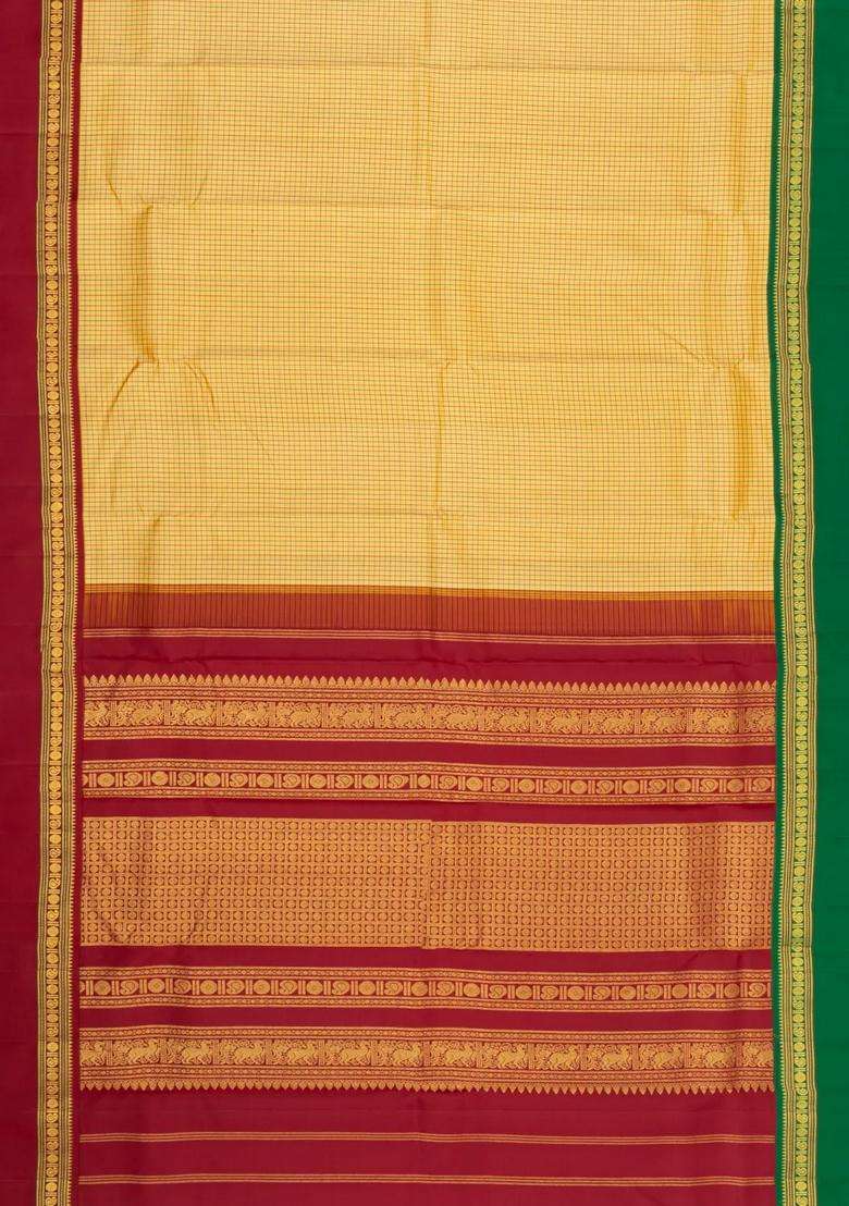 Sandal Handloom Korvai Kanchipuram Silk Saree With Ganga Jamuna Border With Korvai And Temple Border Design For Women - Indya