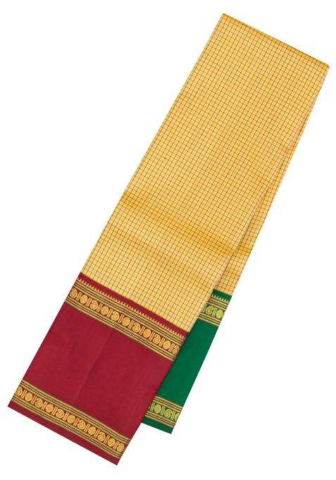 Sandal Handloom Korvai Kanchipuram Silk Saree With Ganga Jamuna Border With Korvai And Temple Border Design For Women