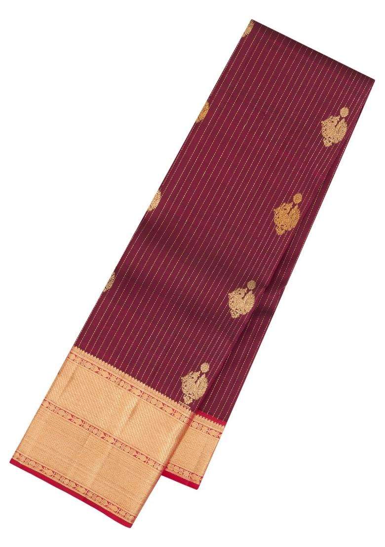 Maroon Handloom Kanchipuram Silk Saree With Zari Stripes Buttas With Buttas And Brocade Design For Women - Indya