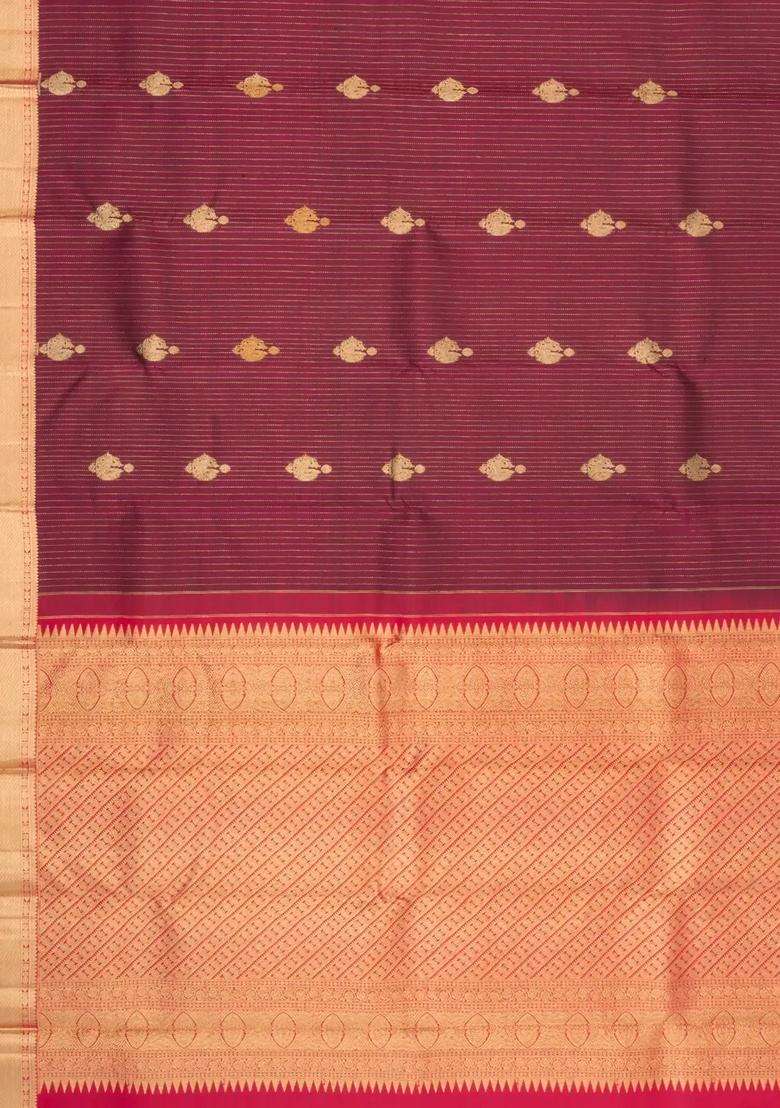 Maroon Handloom Kanchipuram Silk Saree With Zari Stripes Buttas With Buttas And Brocade Design For Women - Indya