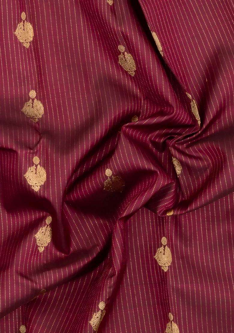 Maroon Handloom Kanchipuram Silk Saree With Zari Stripes Buttas With Buttas And Brocade Design For Women - Indya