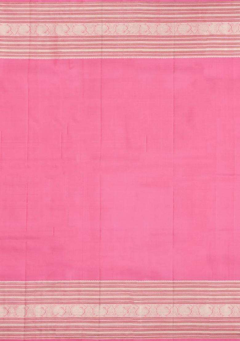 Baby Pink Handloom Kanchipuram Silk Saree With Zari Buttas With Buttas And Brocade Design For Women - Indya