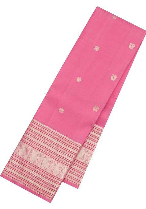 Baby Pink Handloom Kanchipuram Silk Saree With Zari Buttas With Buttas And Brocade Design For Women