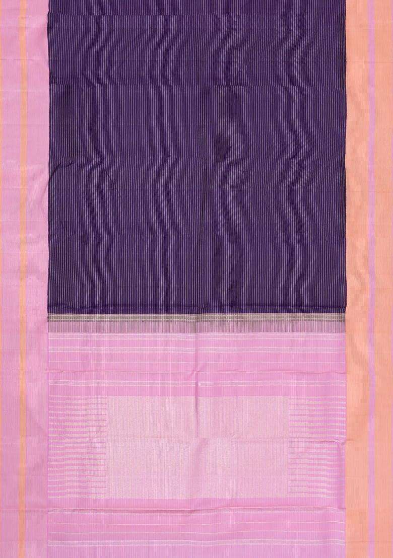 Dark Purple Handloom Korvai Kanchipuram Silk Saree With Zari Stripes With Korvai And Temple Border Design For Women - Indya
