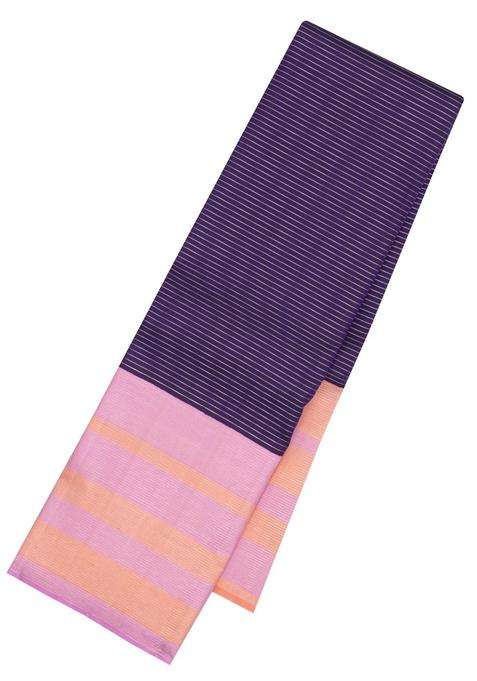 Dark Purple Handloom Korvai Kanchipuram Silk Saree With Zari Stripes With Korvai And Temple Border Design For Women