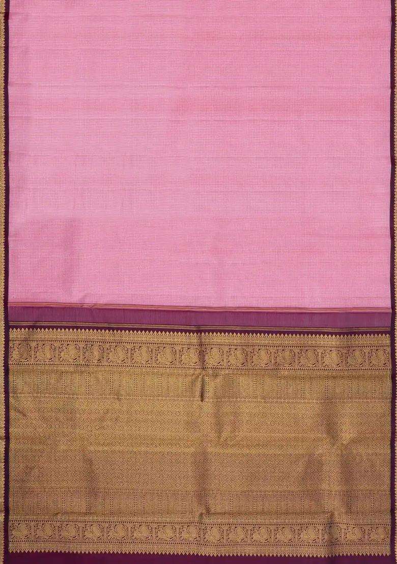 Dusty Pink Handloom Korvai Kanchipuram Silk Saree With Zari Checks With Korvai And Temple Border Design For Women - Indya