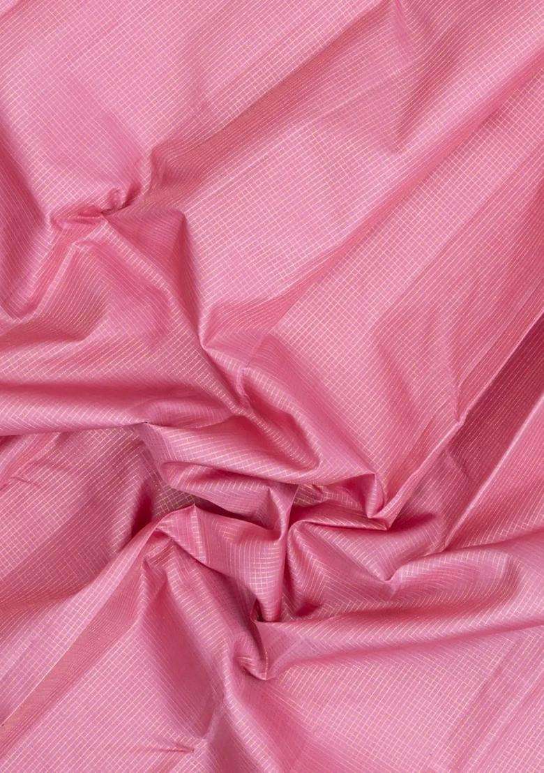 Dusty Pink Handloom Korvai Kanchipuram Silk Saree With Zari Checks With Korvai And Temple Border Design For Women - Indya
