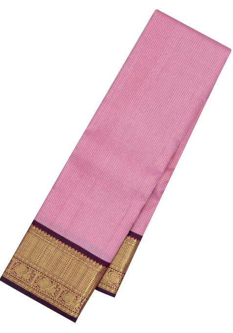 Dusty Pink Handloom Korvai Kanchipuram Silk Saree With Zari Checks With Korvai And Temple Border Design For Women