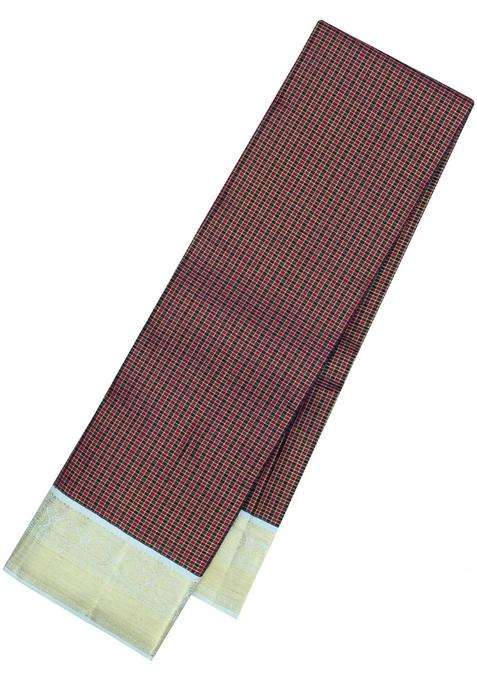 Black Maroon Handloom Korvai Kanchipuram Silk Saree With Checks With Korvai And Temple Border Design For Women