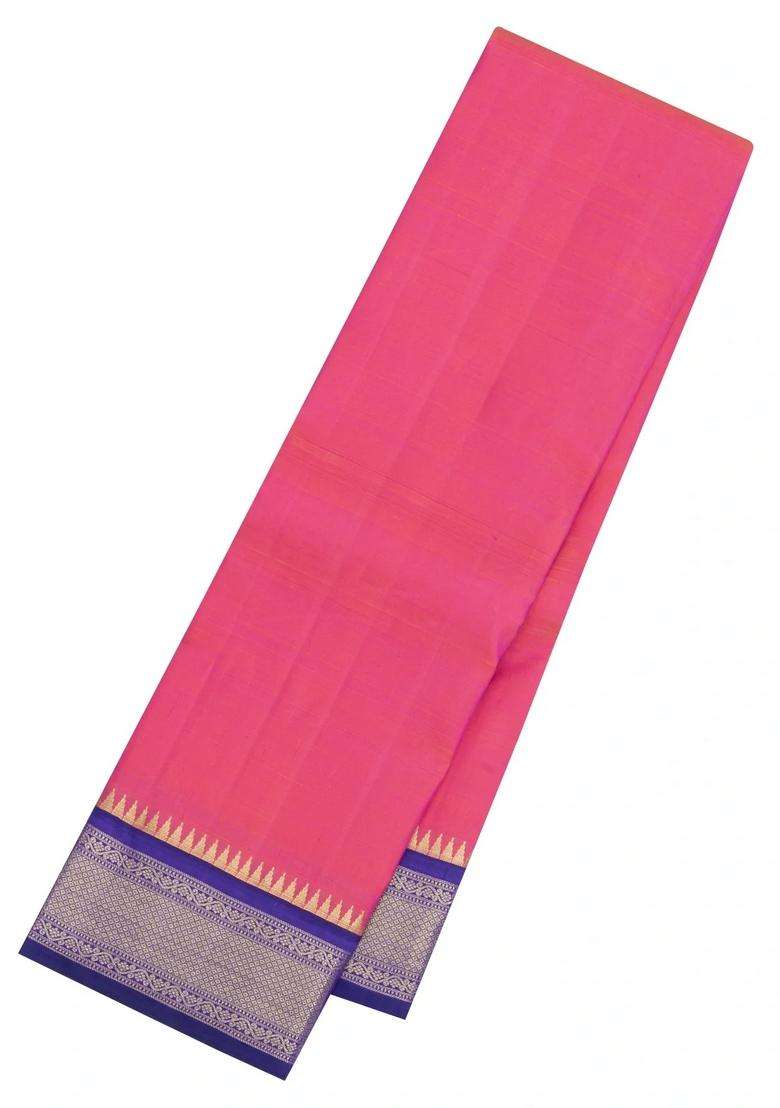 Pink Handloom Korvai Kanchipuram Silk Saree With Contrast Temple Border With Korvai And Temple Border Design For Women - Indya