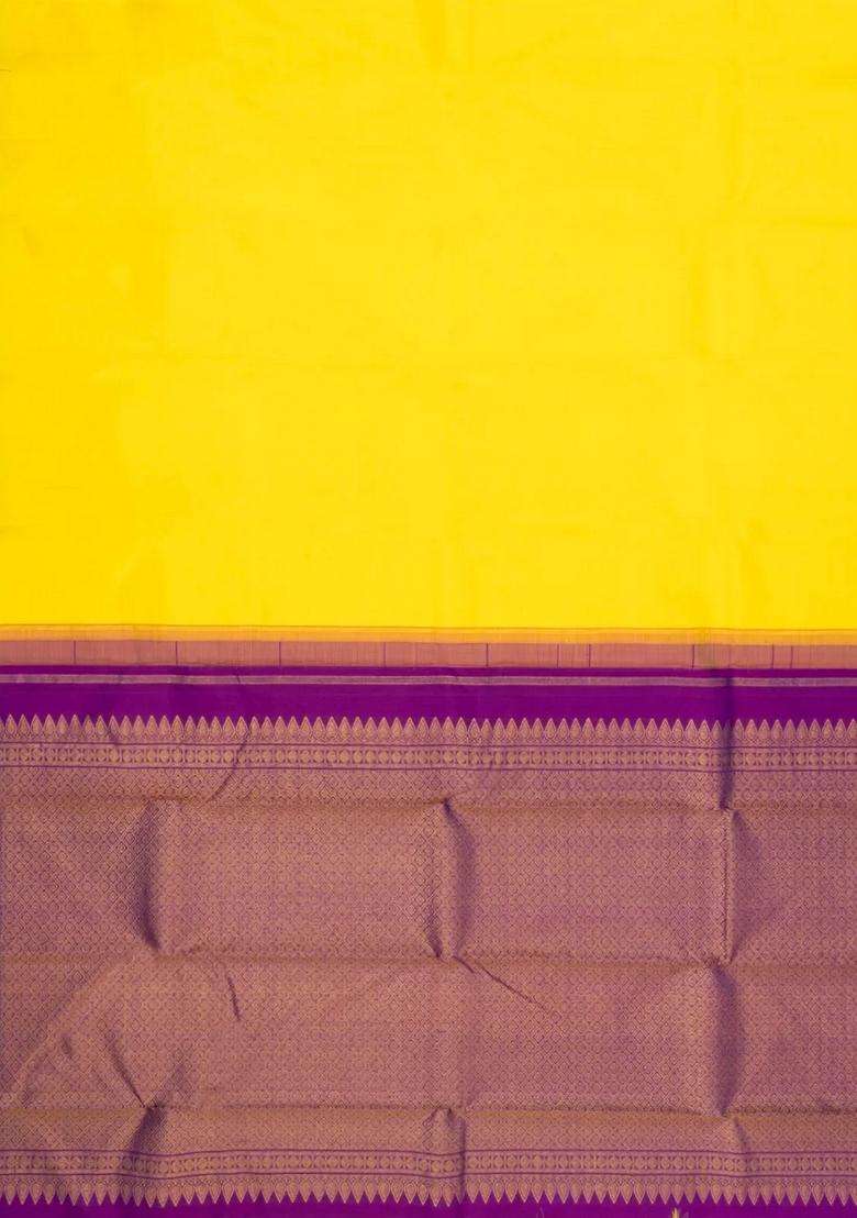 Yellow Handloom Korvai Kanchipuram Silk Saree With Contrast Border With Korvai And Temple Border Design For Women - Indya