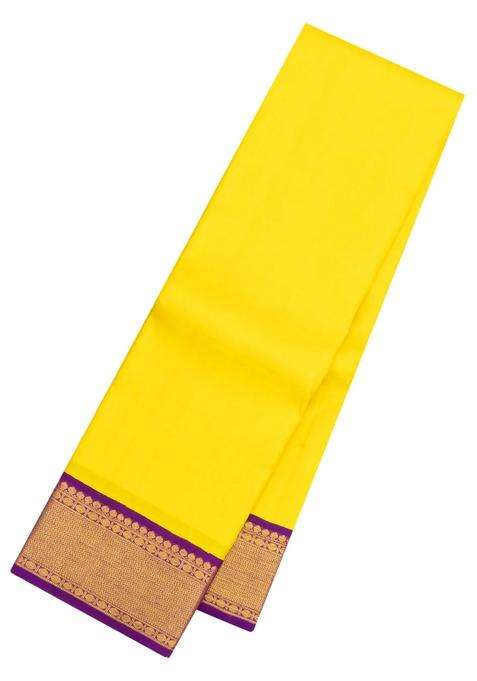 Yellow Handloom Korvai Kanchipuram Silk Saree With Contrast Border With Korvai And Temple Border Design For Women