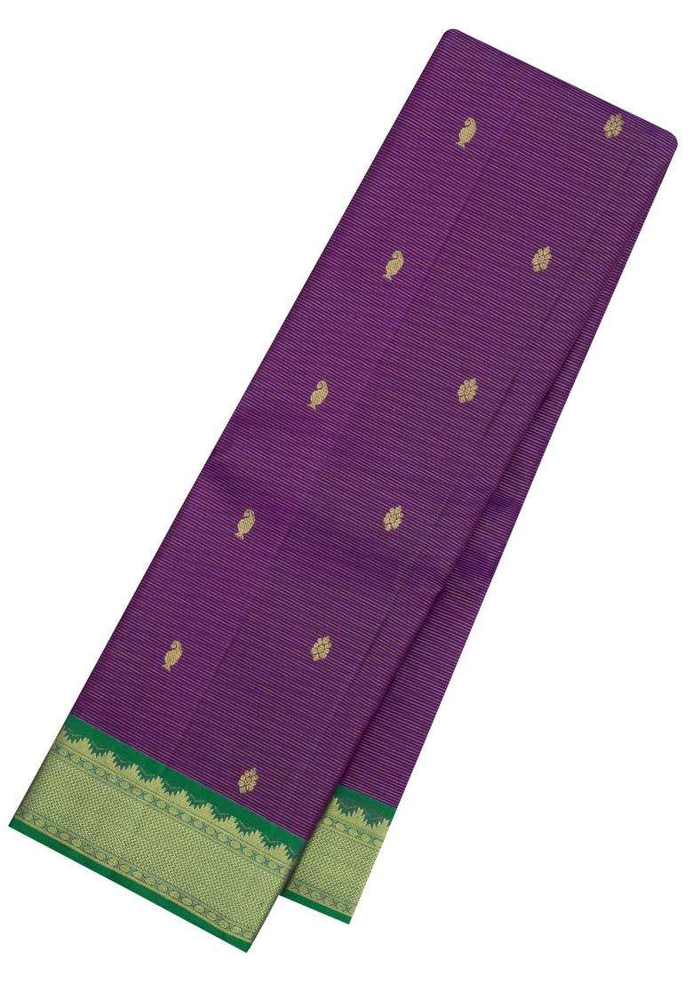 Dark Purple Handloom Kanchipuram Silk Saree With Stripes Buttas With Buttas And Brocade Design For Women - Indya