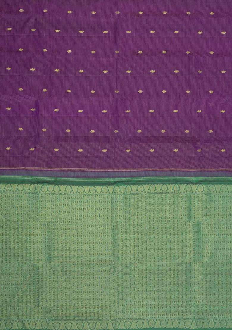Dark Purple Handloom Kanchipuram Silk Saree With Stripes Buttas With Buttas And Brocade Design For Women - Indya
