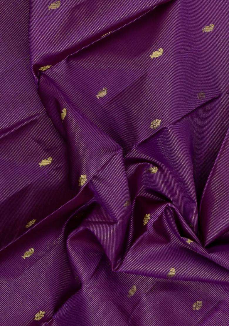 Dark Purple Handloom Kanchipuram Silk Saree With Stripes Buttas With Buttas And Brocade Design For Women - Indya
