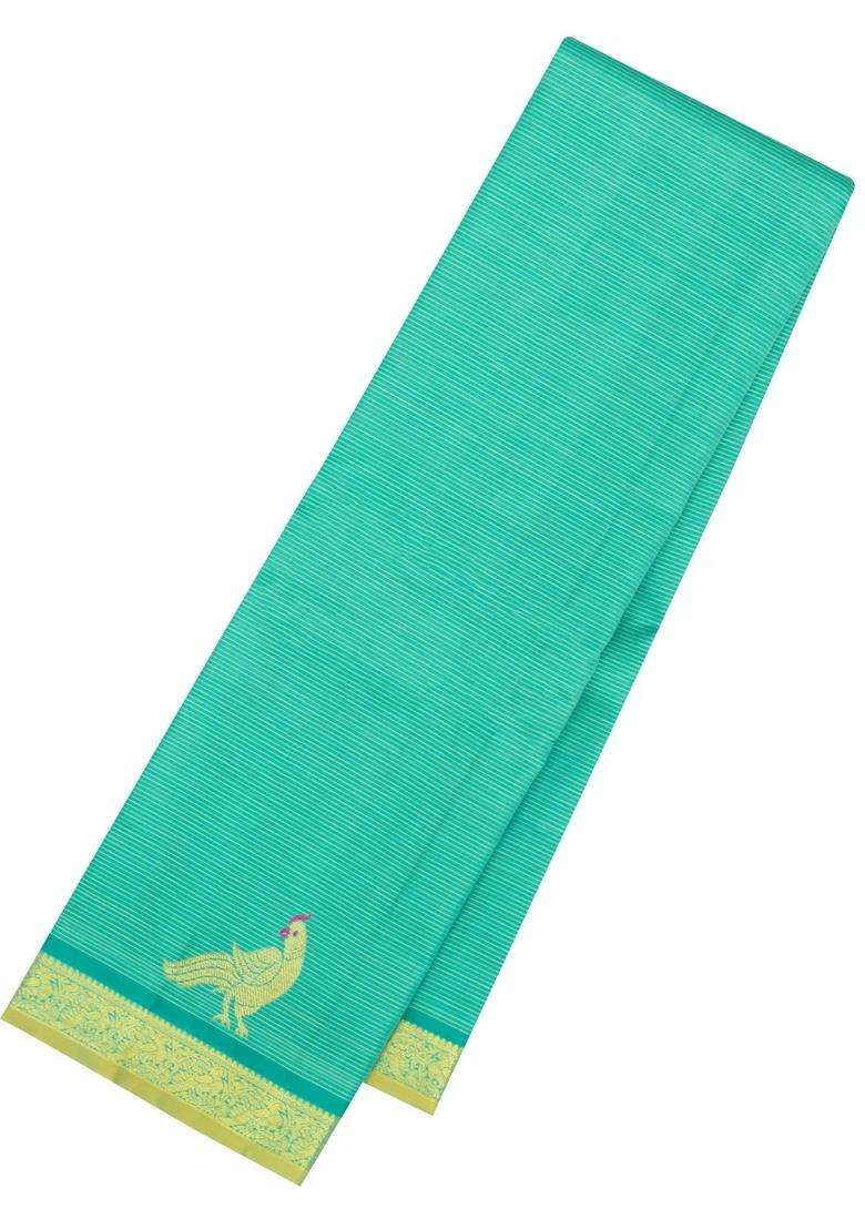 Turquoise Handloom Kanchipuram Silk Saree With Stripes Buttas With Buttas And Brocade Design For Women - Indya