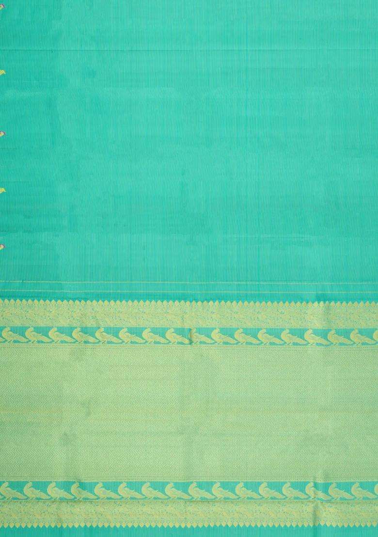 Turquoise Handloom Kanchipuram Silk Saree With Stripes Buttas With Buttas And Brocade Design For Women - Indya