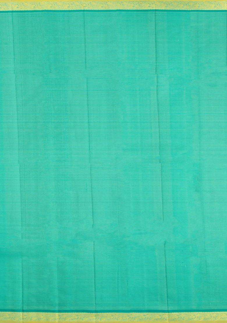 Turquoise Handloom Kanchipuram Silk Saree With Stripes Buttas With Buttas And Brocade Design For Women - Indya