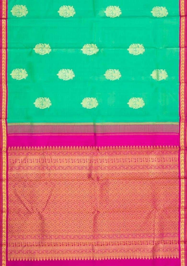 Aquamarine Handloom Korvai Kanchipuram Silk Saree With Zari Buttas With Korvai And Temple Border Design For Women - Indya