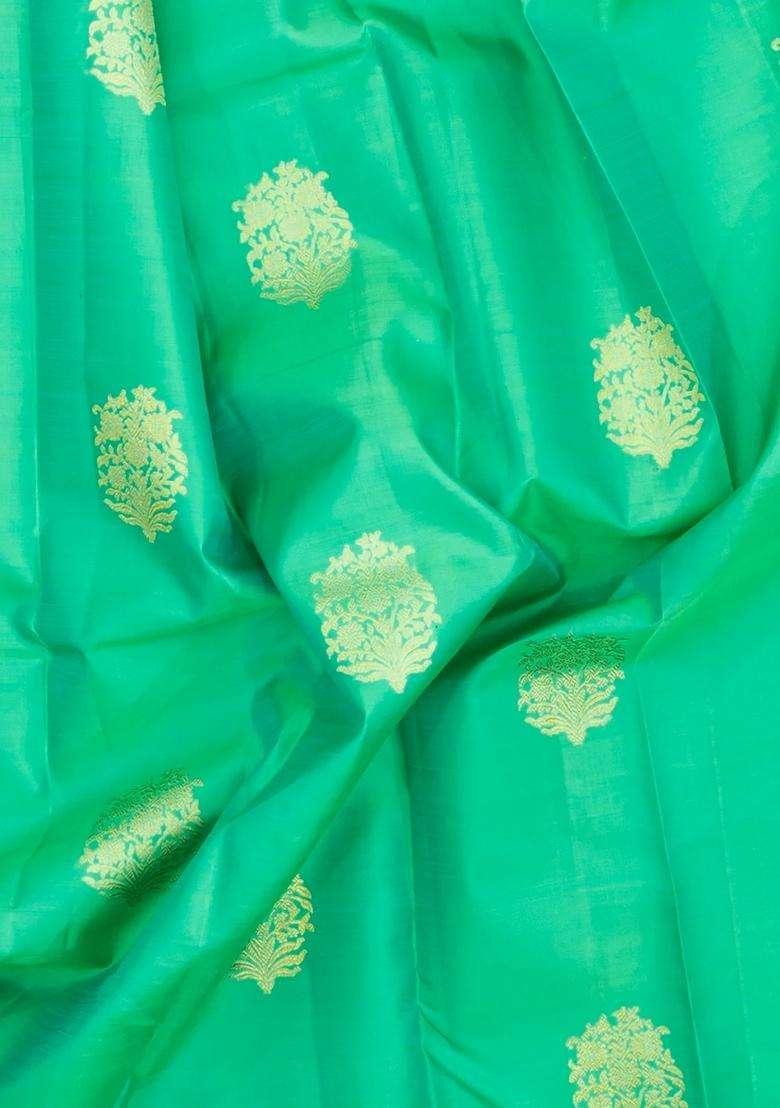 Aquamarine Handloom Korvai Kanchipuram Silk Saree With Zari Buttas With Korvai And Temple Border Design For Women - Indya