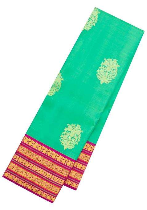 Aquamarine Handloom Korvai Kanchipuram Silk Saree With Zari Buttas With Korvai And Temple Border Design For Women