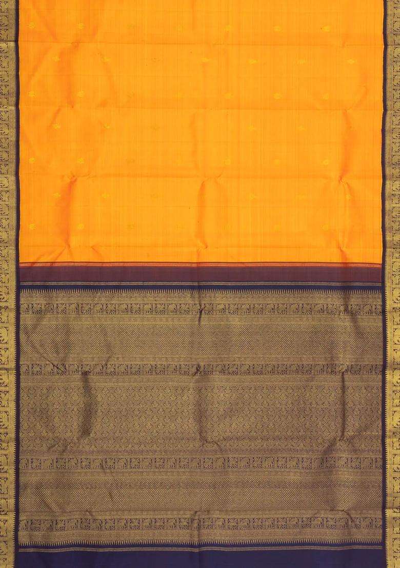 Mango Yellow Handloom Korvai Kanchipuram Silk Saree With Zari Buttas With Korvai And Temple Border Design For Women - Indya