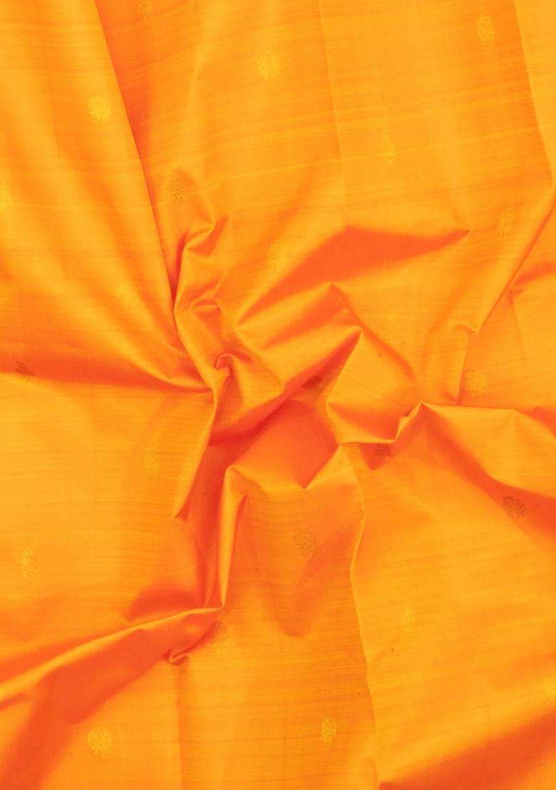 Mango Yellow Handloom Korvai Kanchipuram Silk Saree With Zari Buttas With Korvai And Temple Border Design For Women - Indya