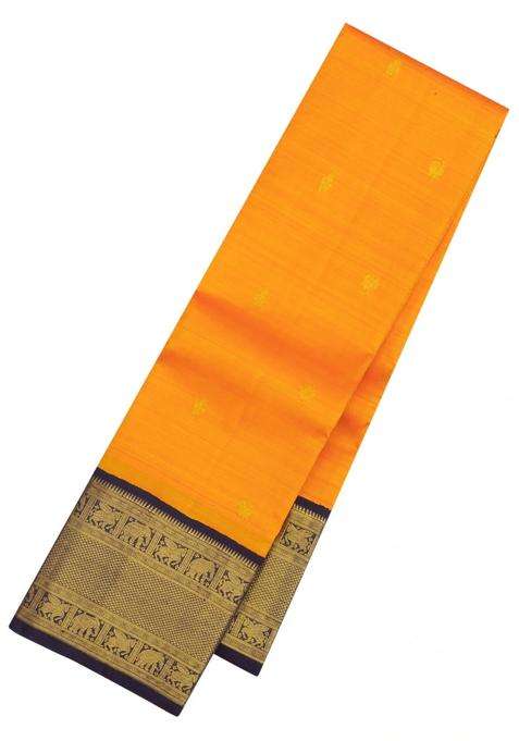 Mango Yellow Handloom Korvai Kanchipuram Silk Saree With Zari Buttas With Korvai And Temple Border Design For Women