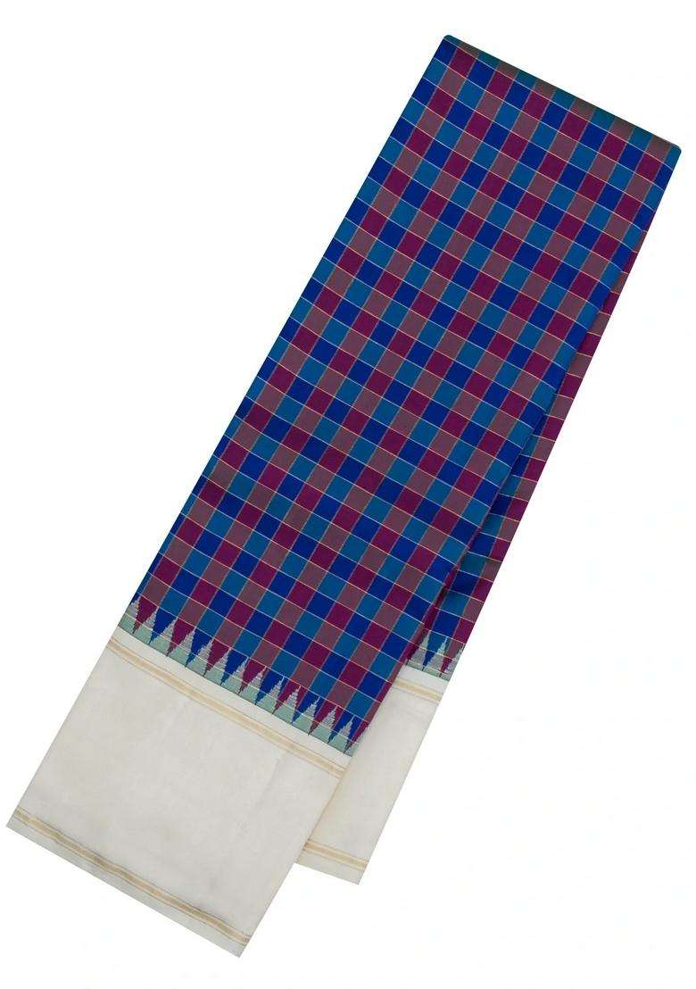 Blue Maroon Handloom Korvai Kanchipuram Silk Saree With Checks With Korvai And Temple Border Design For Women - Indya