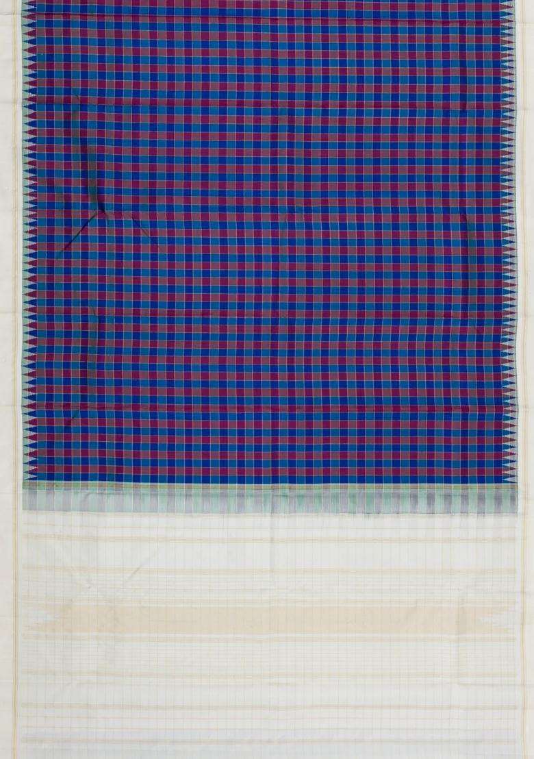 Blue Maroon Handloom Korvai Kanchipuram Silk Saree With Checks With Korvai And Temple Border Design For Women - Indya
