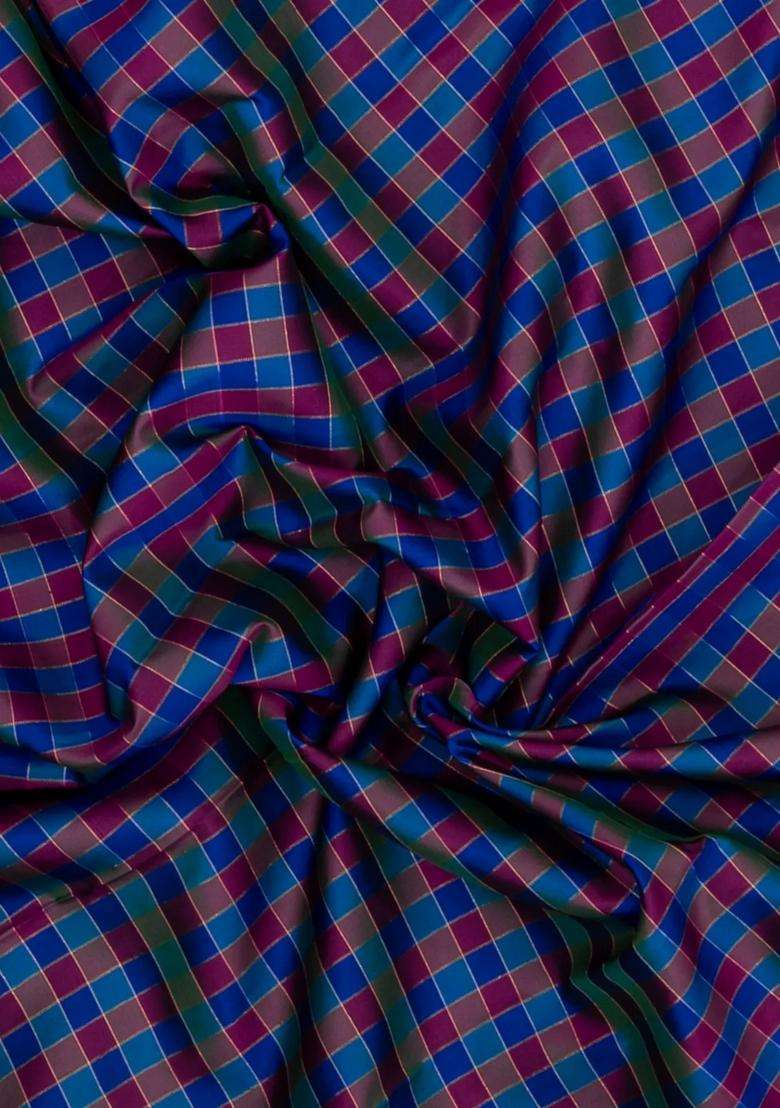 Blue Maroon Handloom Korvai Kanchipuram Silk Saree With Checks With Korvai And Temple Border Design For Women - Indya