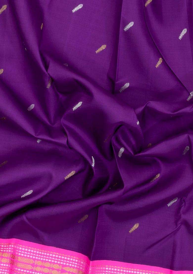 Purple Handloom Korvai Kanchipuram Silk Saree With Buttas With Korvai And Temple Border Design For Women - Indya