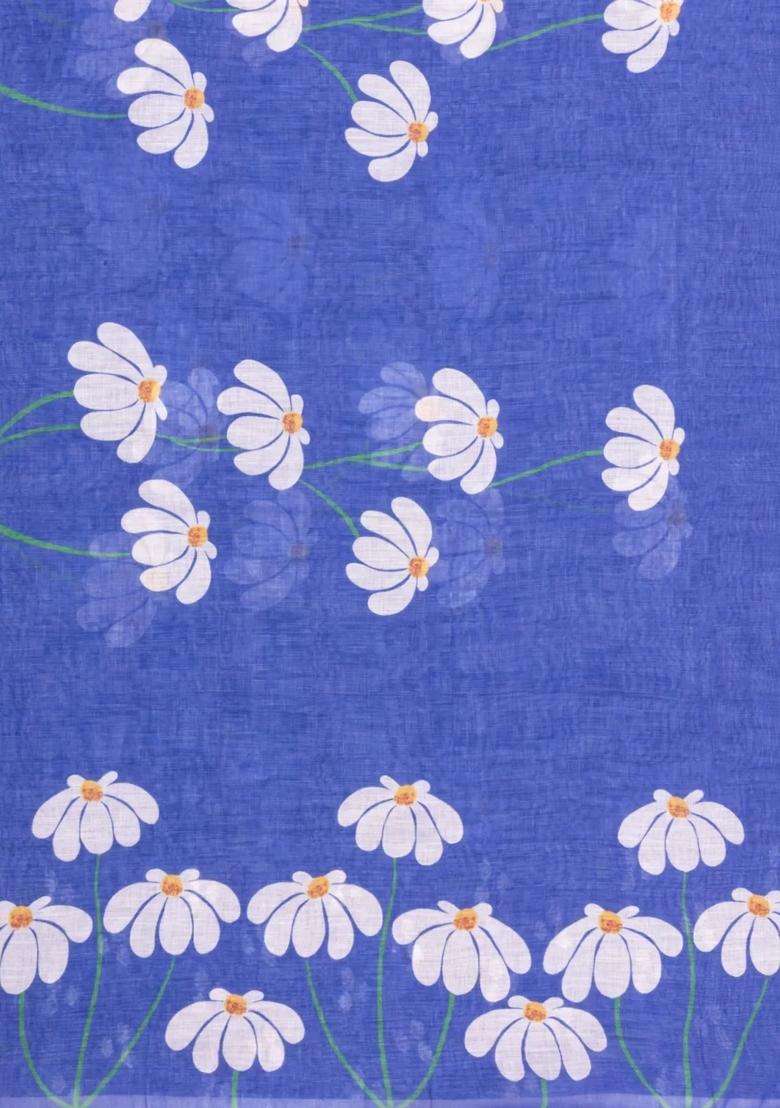 Purple Printed Synthetic Linen Saree With Floral Motifs For Women - Indya