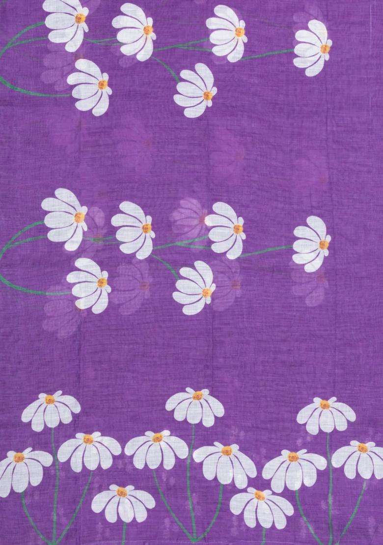 Lilac Printed Synthetic Linen Saree With Floral Motifs For Women - Indya